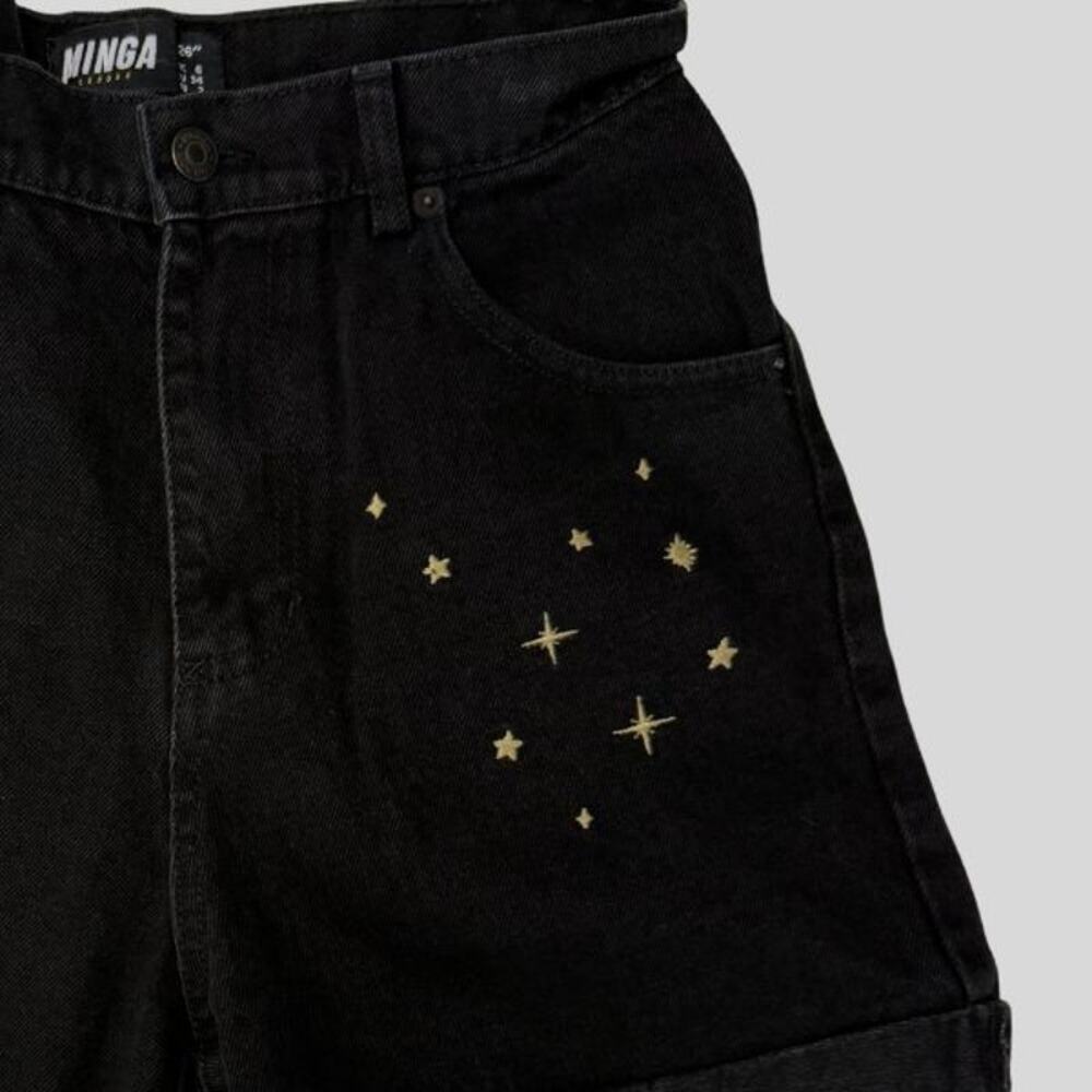 Minga London Celestial Black Denim Shorts - Moon & Stars Embroidery - Size 26 - Picture 5 of 5